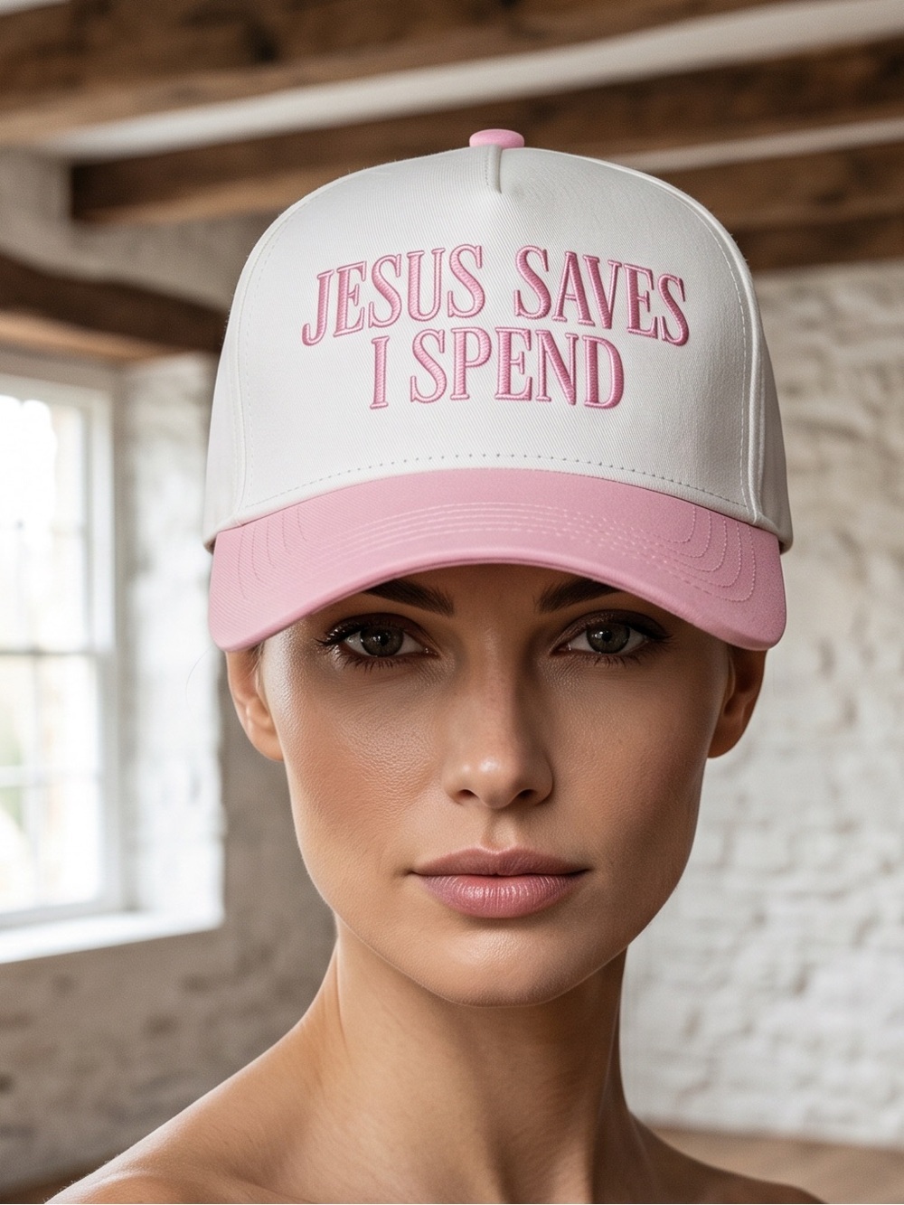 Jesus Saves I Spend Adjustable Pink and White Embroidered Hat